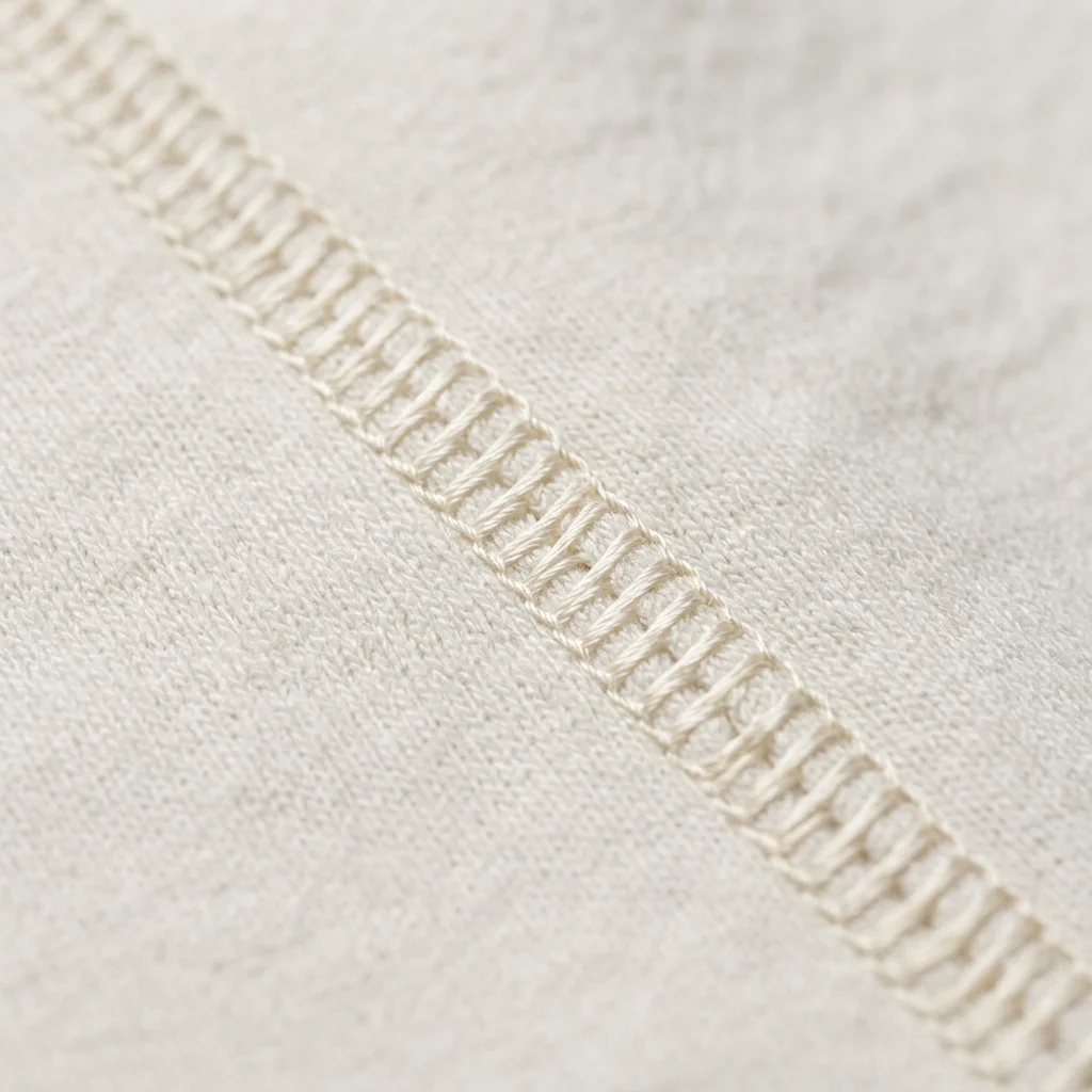 Technical macro of flat-lock stitching showing perfectly flat smooth reinforced precision threadwork