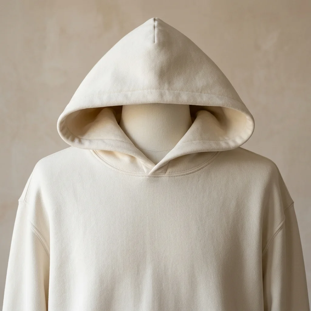 Sculptural hood and neckline of Golden Beige hoodie demonstrating pre-shrunk structural integrity